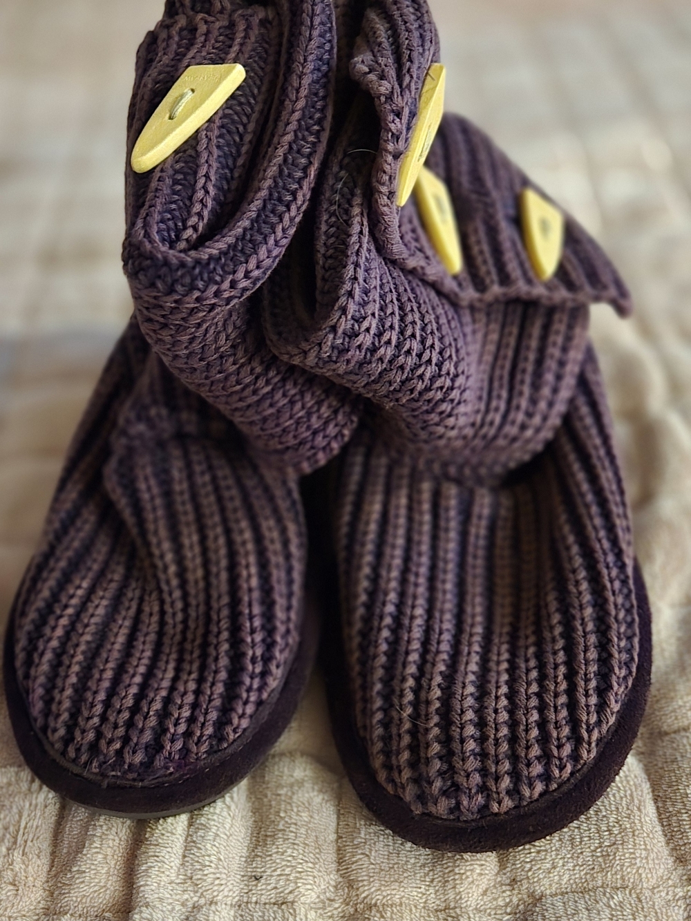 BearPaw Plum Knit Slip-On Boots with Yellow Logo Patch